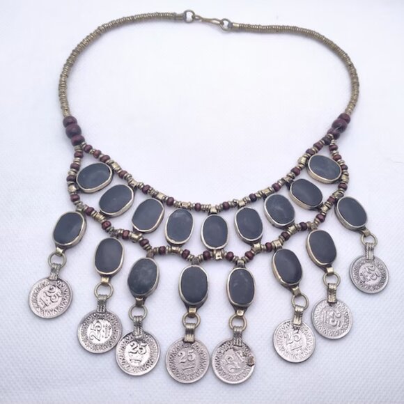 Vintage Dangle Coins and Stones Necklace, Ethnic Necklace, Tribal Bib Necklace - Picture 2 of 10